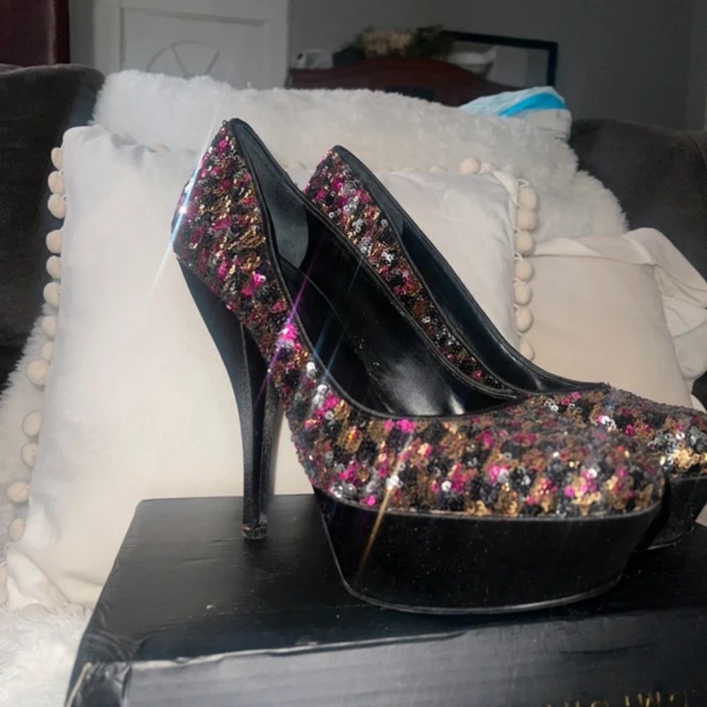 Lela Rose Black Platform Heels with Pink & Gold Sequin Detail